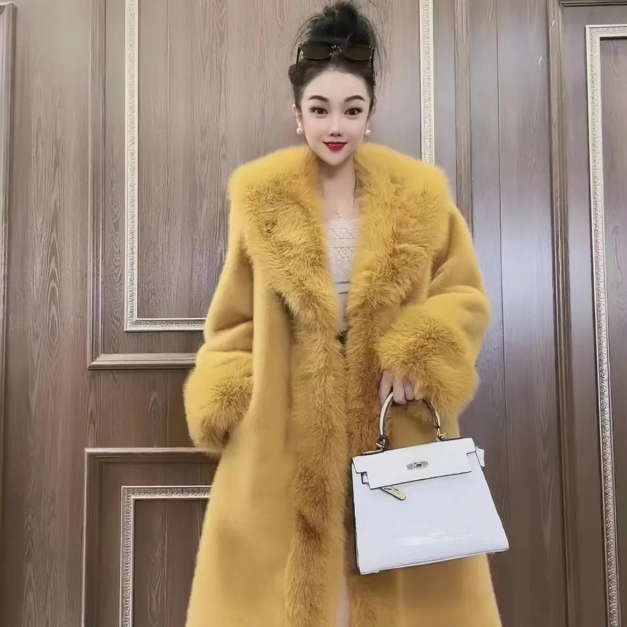 Womens long faux fur coat collar loose and thick warm teddy jacket high quality womens clothing winter 241112