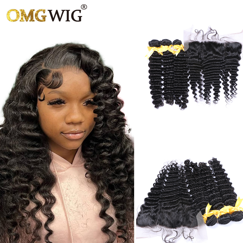 Deep Wave Natural Color Hair Bundles With 13x4 Base Closures Brazilian Human Hair Free Part Bleached Knots Transparent Lace dc3d3