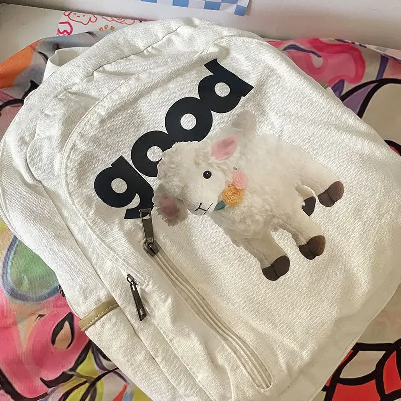 Cartoon Cute Sheep Printing School Bag Japanese Anime Preparatory Kawaii Backpack Y2k Aesthetics Harajuku High Capacity Canvas Bag 241111