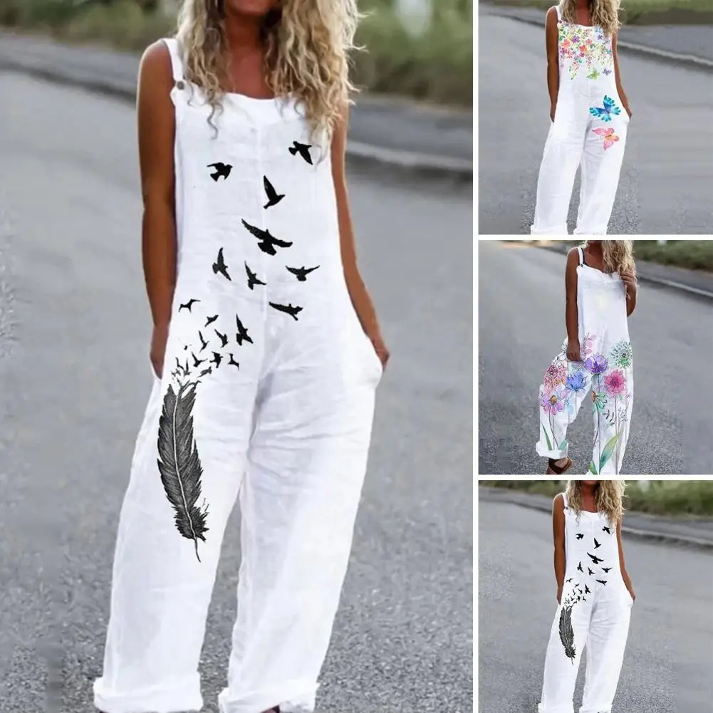 Casual loose jumpsuit womens spaghetti long camisole summer print cotton linen wide leg pants bib cover sleeveless jumpsuit 241112