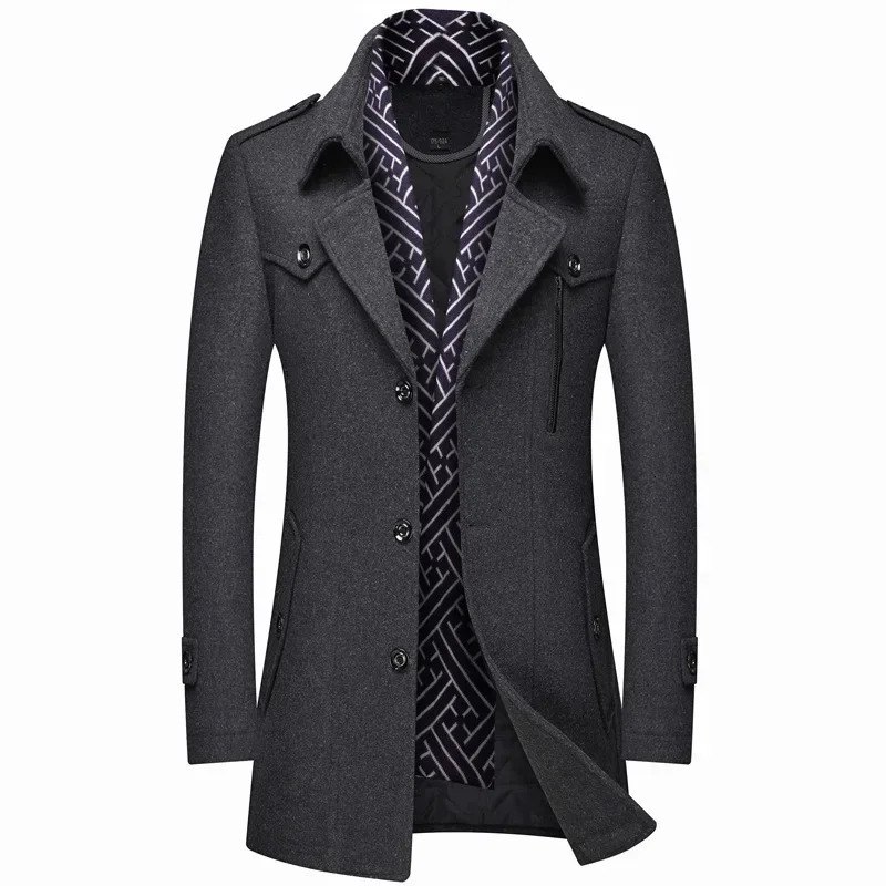 Thickened mens tweed windbreakers shawls medium length tweed coats mens clothing 241112