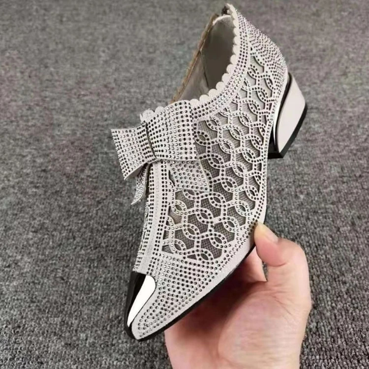 Womens Pointed Toe Sandals Breathable Mesh Tie Water Diamond Transparent Elegant Middle Heel Simple Pump Shoes Mesh Sandals 241111