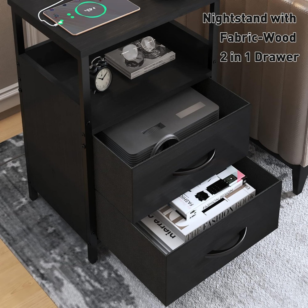 KHLJJU Nightstand with Charging Station,Side Table for Small Spaces, White Bedside Tables with Outlets for Living Room