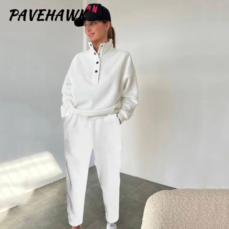 Women Elegant Solid Hoodies Sets Long Sleeve Stand Up Collar Loose Thick Button 2 Piece Set Casual Pullover Pant Suit 241111