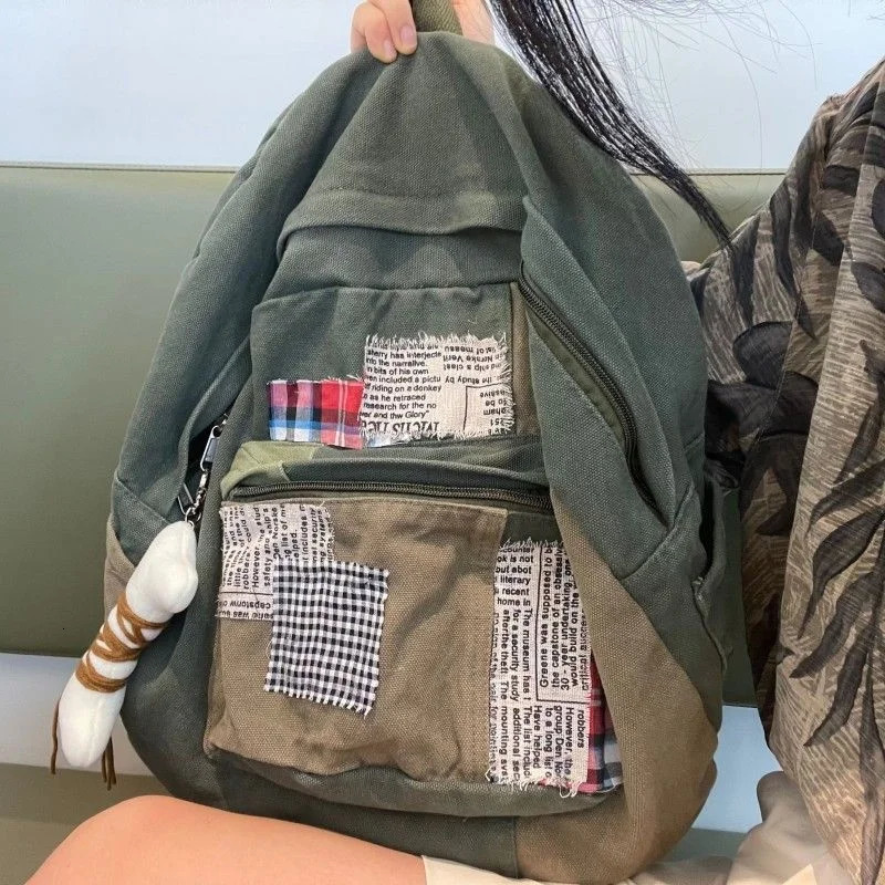 Patchwork Retro Backpack Y2k Aesthetic Canvas Bag Simple Japanese Student Backpack Womens Rucksack 241111
