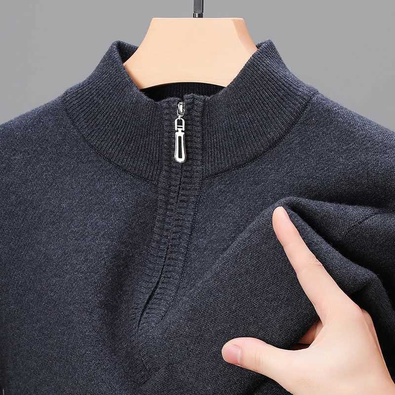 Pure wool sweater for autumn and winter mens standing collar suitable for young and middle-aged people wearing a half turtle neck zipper sweater at th