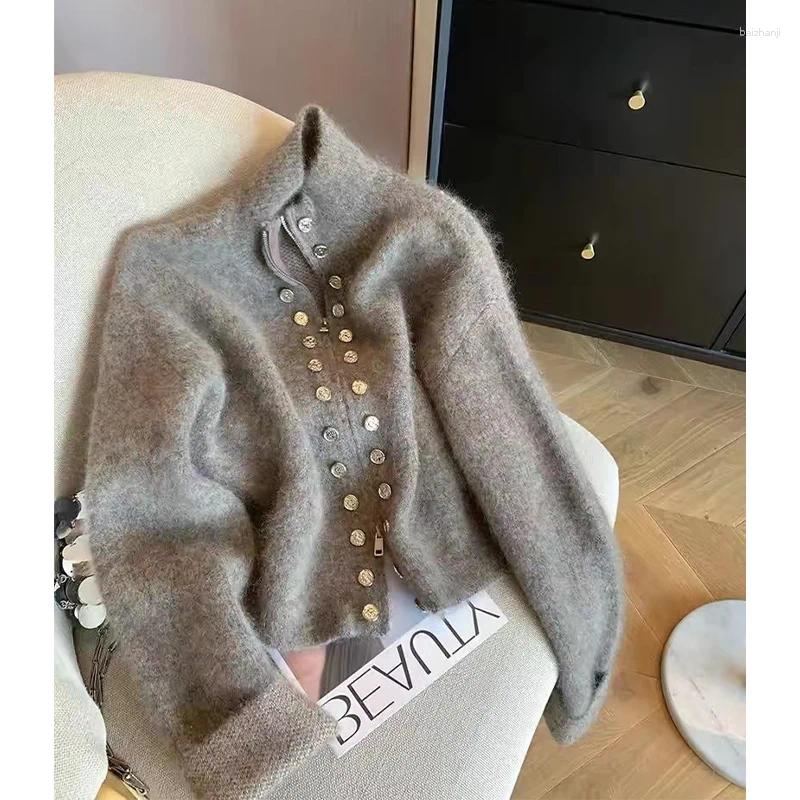 Womens Knits Grey Cardigan Sweater Harajuku Korean Y2k Long Sleeves O-Neck Cashmere Sweaters Jumper Vintage 2000s Clothes Autumn 2024