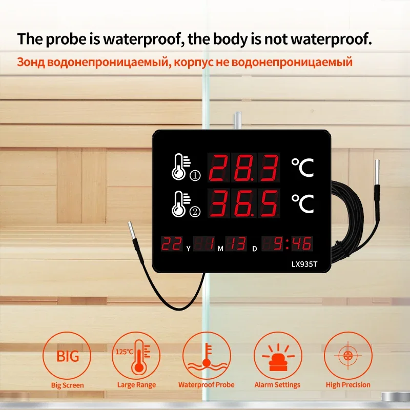 Sauna Thermometer Led Multifunctional Digital Rooms Thermometer with Waterproof Temperature Sensor Refrigerator Thermometer