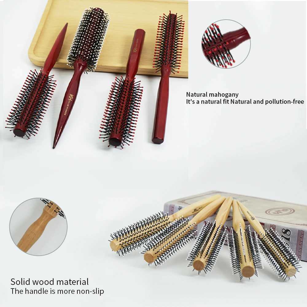 Round hair comb with natural wooden handle round bucket anti-static professional barber salon hair comb W241112