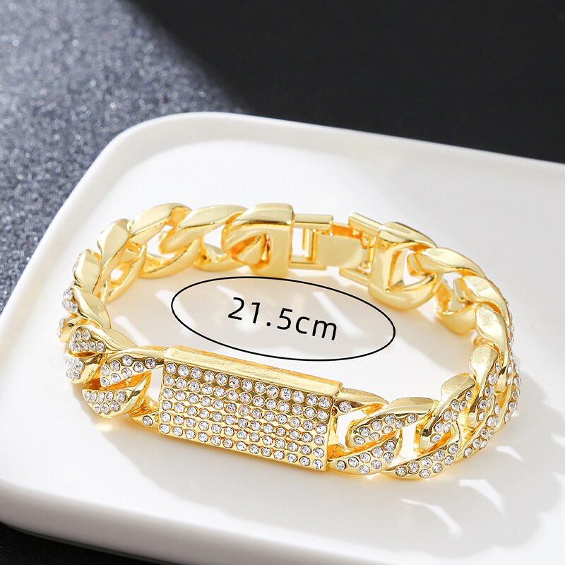 Hip Hop Gold Chuncky ID And Cuban Chain Bracelet Full Crystal Bling Big Size Trendy Men Jewelry Accessory 5