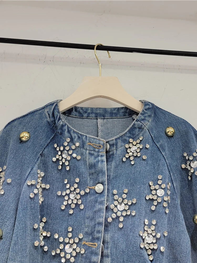 DEAT Womens Denim Jacket O-Neck Puff Sleeves Embroidered Flame Single Chest Short Jacket Autumn Fashion 29L3222 241112