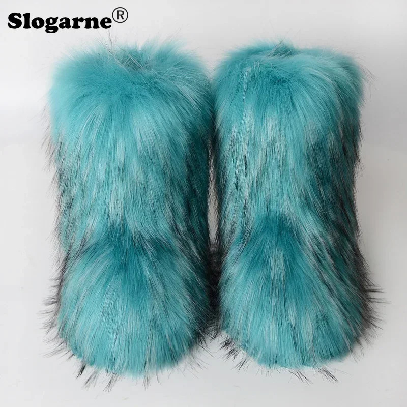 Womens Winter Fluffy Faux Fox Fur Boots Woman Plush Warm Snow Boots Footwear Girls Furry Fur Bottes Fashion Winter Shoe 241112