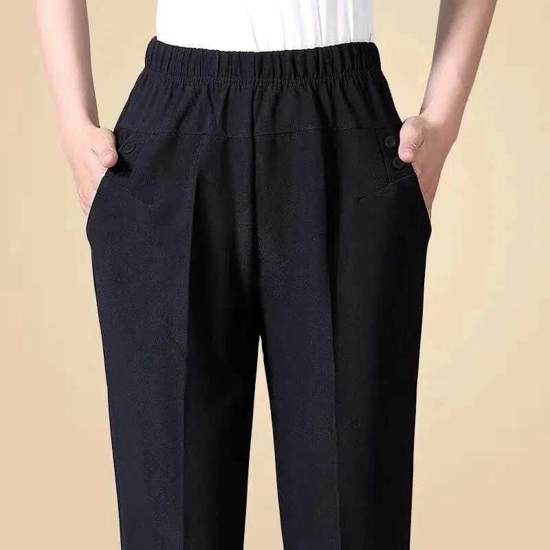 Autumn winter warm middle-aged and elderly plain elastic waist casual straight pants womens Trouser womens striped black pants 5XL 6XL 7XL8XL M241111