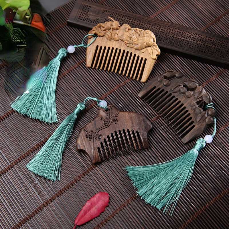 Charcoal flower bird comb natural peach wood small comb anti-static head massage hair comb easy to carry for travel W241112