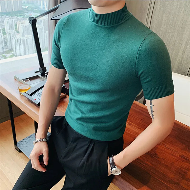 11 color autumn high-quality short sleeved knitted T-shirt for men ultra-thin solid floral casual elastic T-shirt 241112