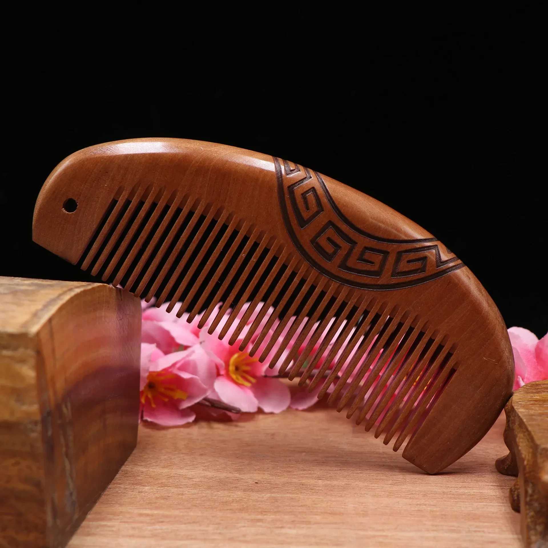 Thick peach wood inlaid with anti-static hair loss beauty double-sided wooden comb W241112