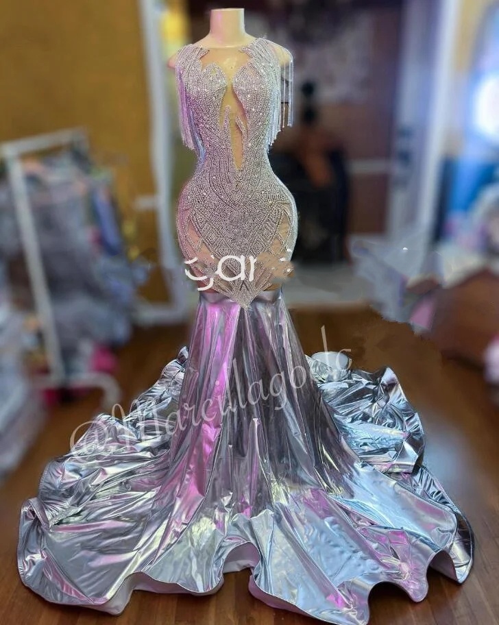 Sparkly Sier Dia Prom Formal Dresses for Women 2024 Crystal Tassel Long Mermaid Evening Gowns vestido festa