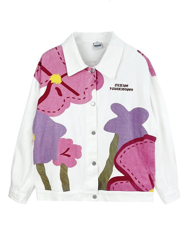 Jmprs Harajuku Womens Denim Jacket Loose Bf Printed Flower Jeans Coat Spring White Y2K Womens Coat 241112