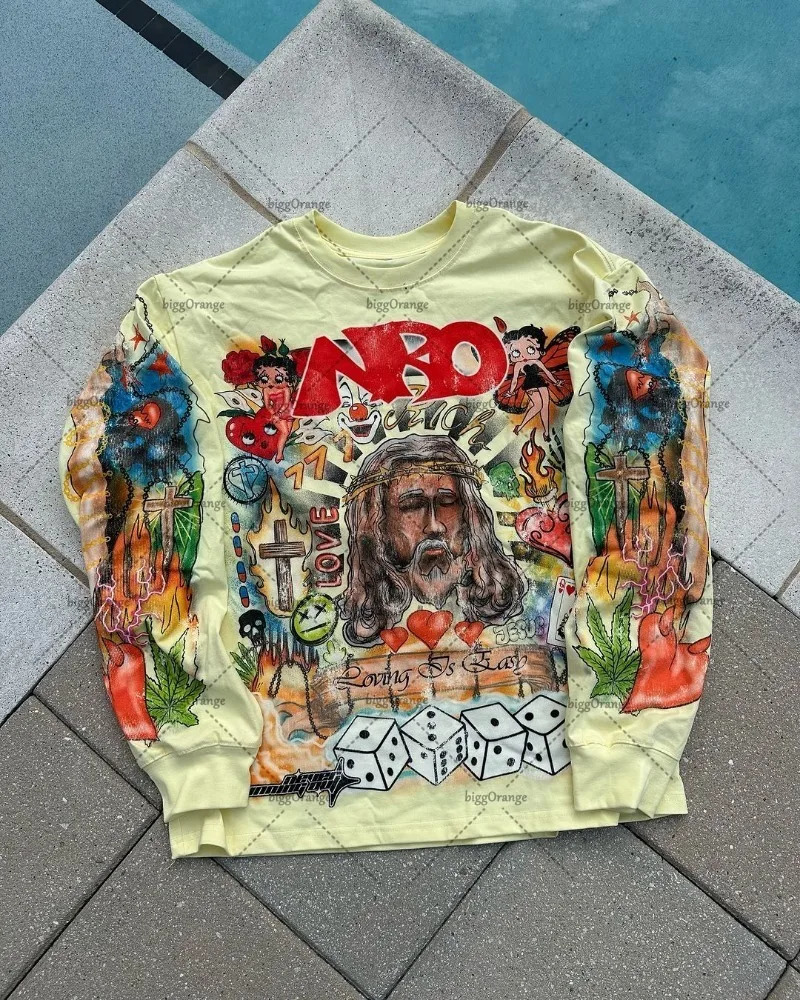 Y2K Harajuku Retro Trendy European and American Gothic Punk Style Printed Floral Mens Rock Street Oversized Graphic T-shirt 241112