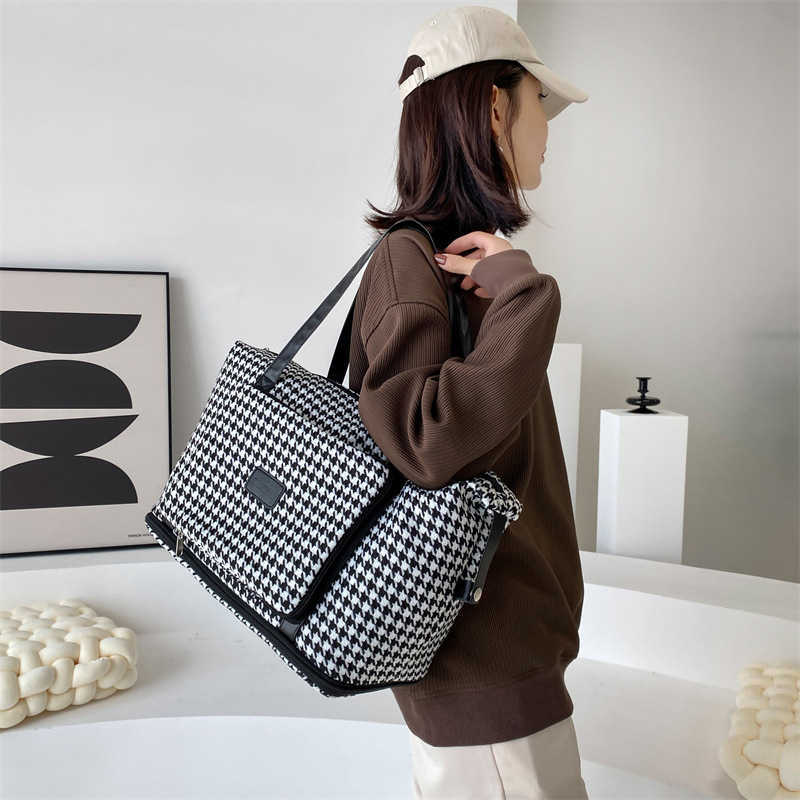 Trendy Fashion Portable Travel Bag Grid Pattern Expandable Fitness Bag Large Capacity Set Luggage Bag