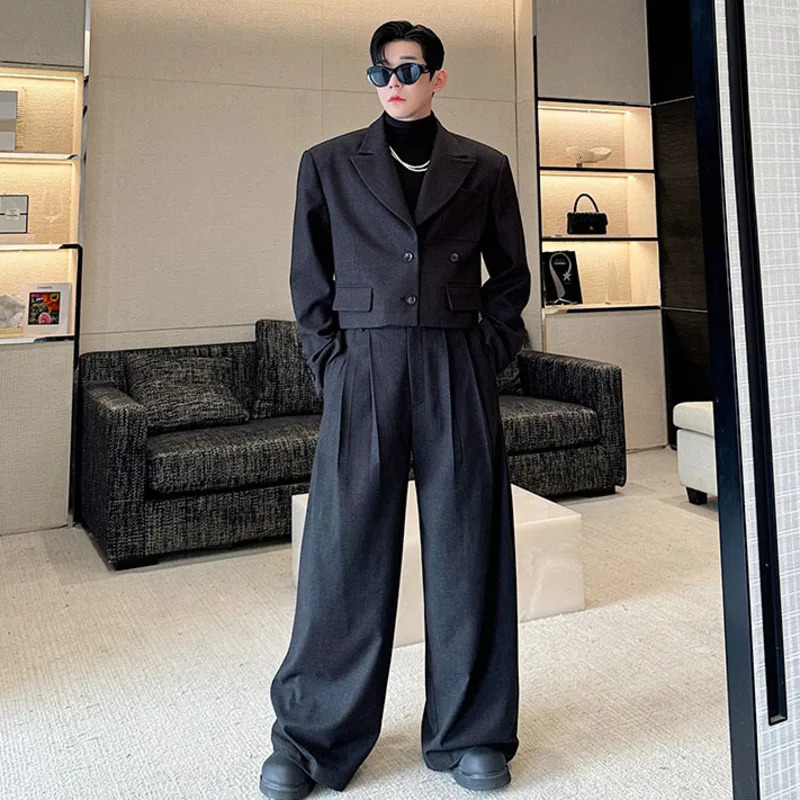 FEWQ Mens Two-piece Lapel Niche Solid Color Single Breasted Blazer Pleated Straight Wide Leg Male Suit Pants 9C8389 241111