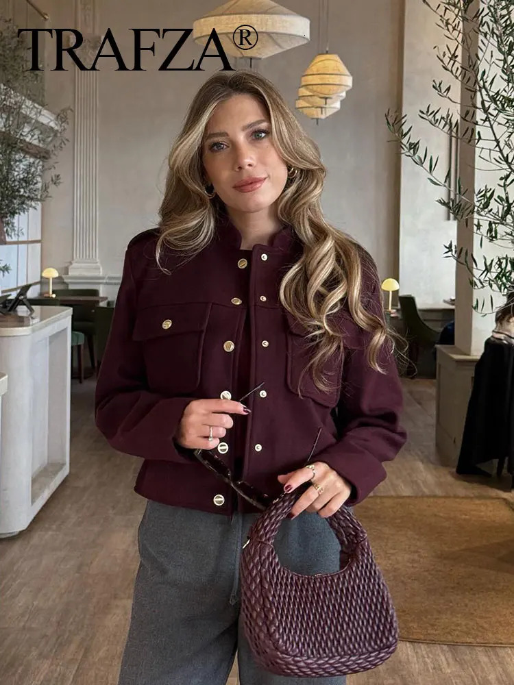 TRAFZA Womens Retro Wine Red Coat O-neck Long Sleeve Single Chest Jacket with Pocket Autumn Casual Office Womens Coat 241111