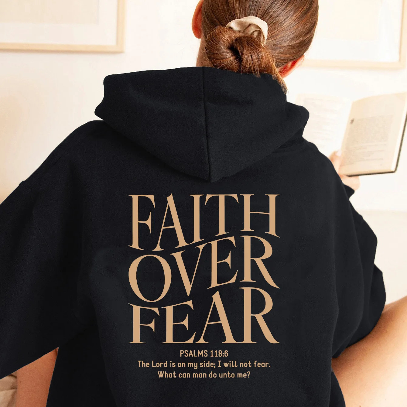 FAITH OVER FEAR Autumn European and American foreign trade simple plain color letter printed hooded mens womens top hoodie 241112