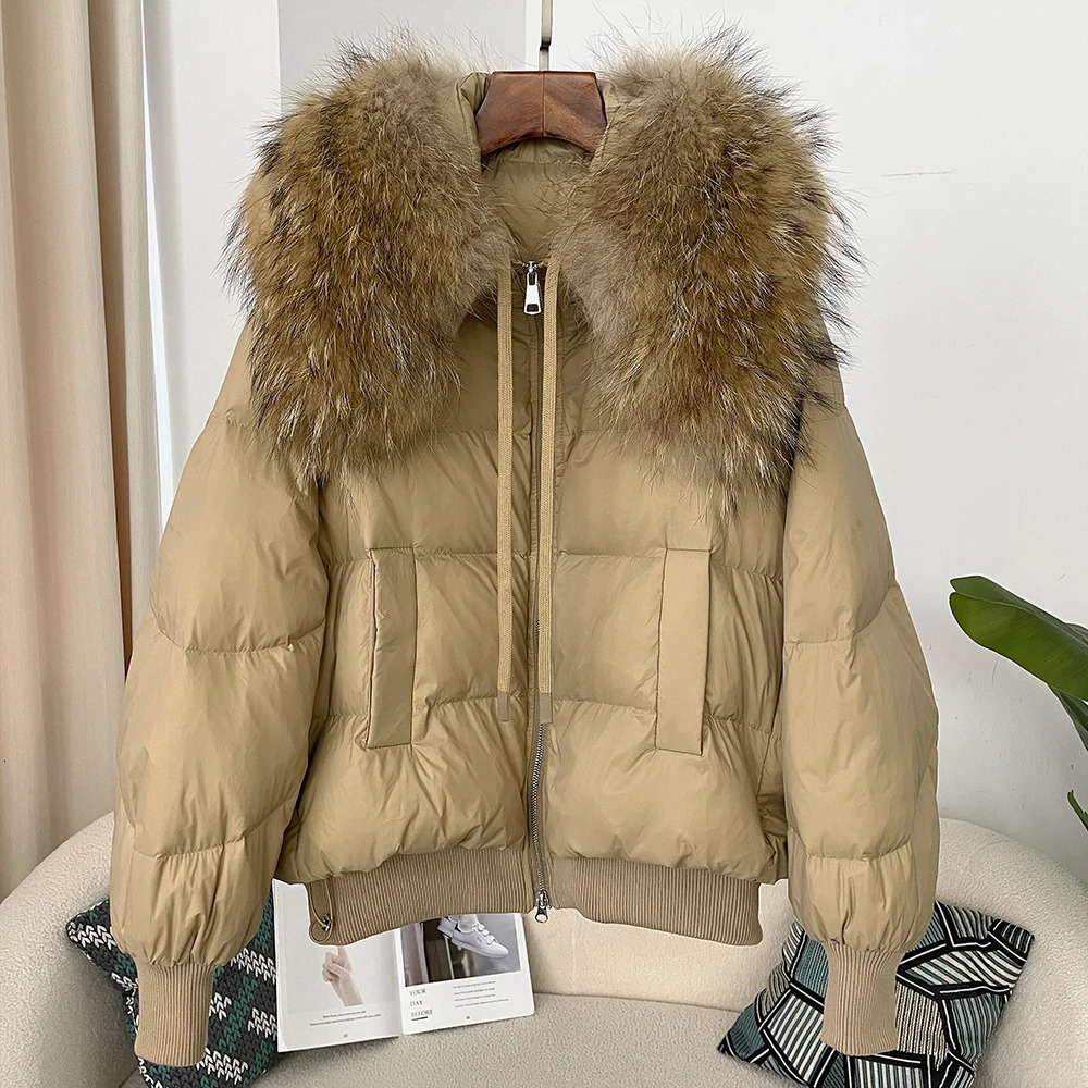 Natural Raccoon Fur Coat Winter Genuine Fur Inflatable Jacket Womens Thick Shorts Parkas Womens Loose 90 White Duck Down Coat 241112