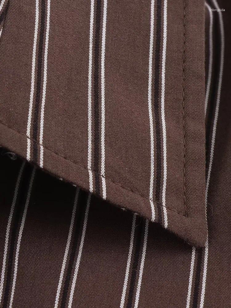 Women's Blouses Women Fashion Striped Pleated Single Breasted Blouse Vintage Lapel Neck Long Sleeves Female Chic Lady Shirts B4