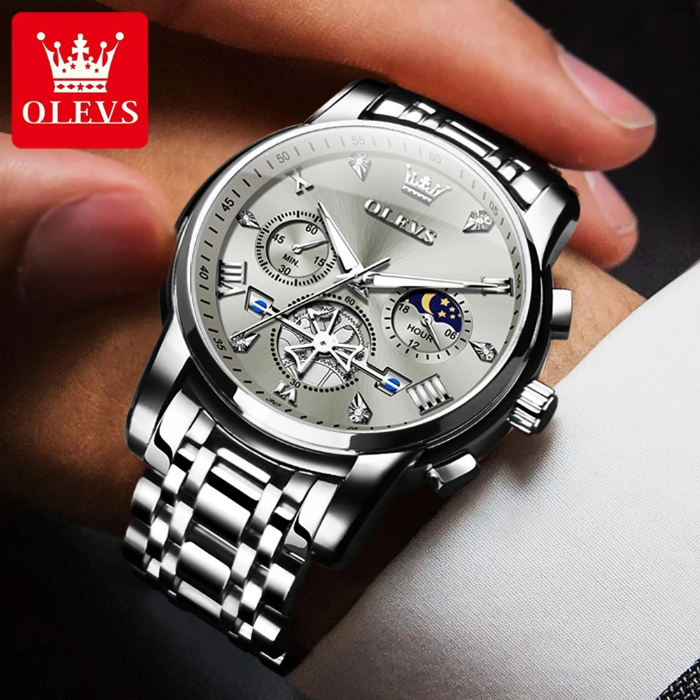 OLEVS mens classic multifunctional Fltwheel chronograph original quartz watch moon phase 24-hour waterproof reloj 241112