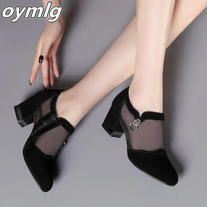 Summer Womens High Heels Mesh Breathable Pump Zip Pointed Toe Thick High Heels Fashion Womens Shoes Elegant Shoes 241111