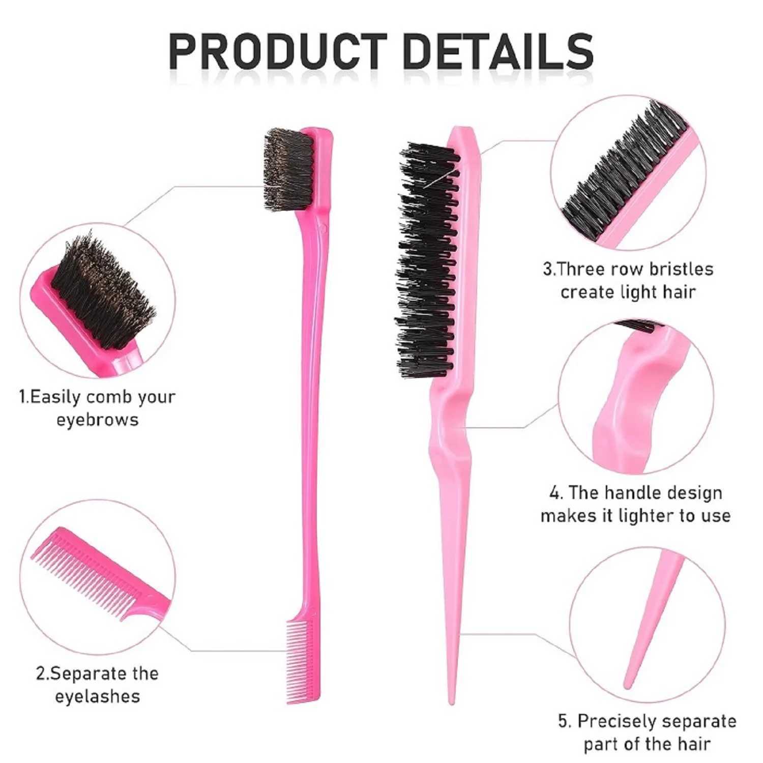 3Pcs Smooth Back Hair Brush Set Teasing Hair Brush Three Times Teasing Comb Mouse Tail Comb Edge Brushing Hair Tail Tool Weaving Tool Ring W241112