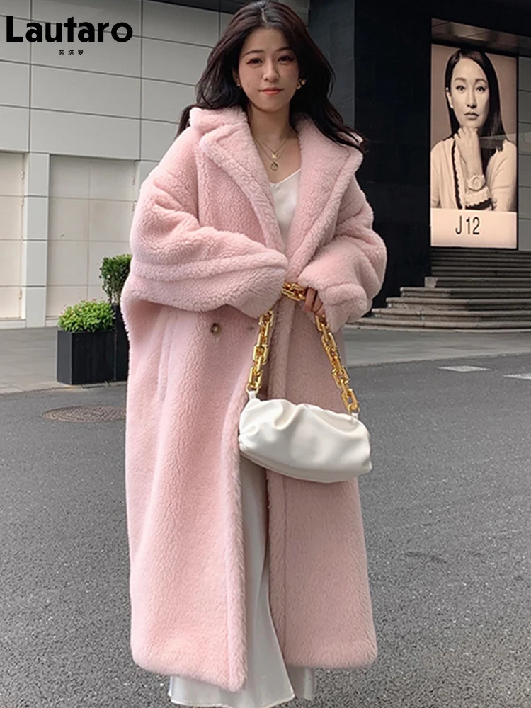 Lautaro Winter Ultra slim Pink Thick Warm Teddy Coat Womens Double Chest Loose Casual Style European Faux Fur Coat 241112