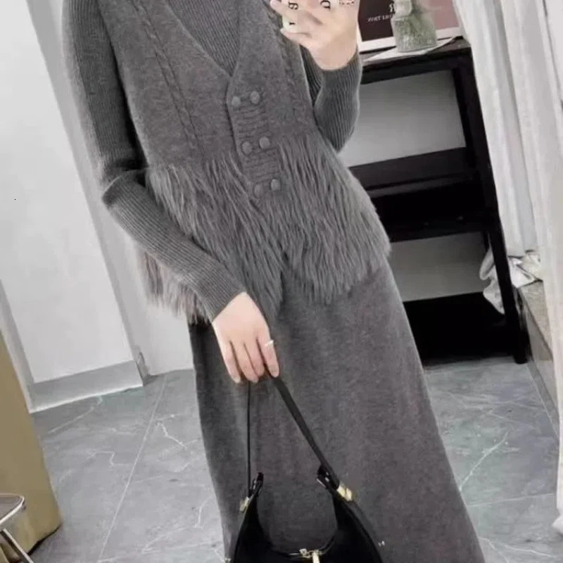 Vest Knitted Dress Two Piece Set Autumn/Winter Weight Loss Sweater Elegant Womens Wear Set 241112