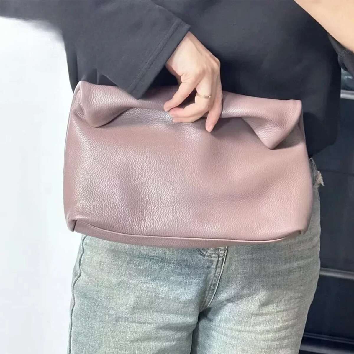 Cowhide Woman Clutch Bag Thick Natural Leather Simple Style Purses Calfskin Folding Daily Pouch Genuine Leather