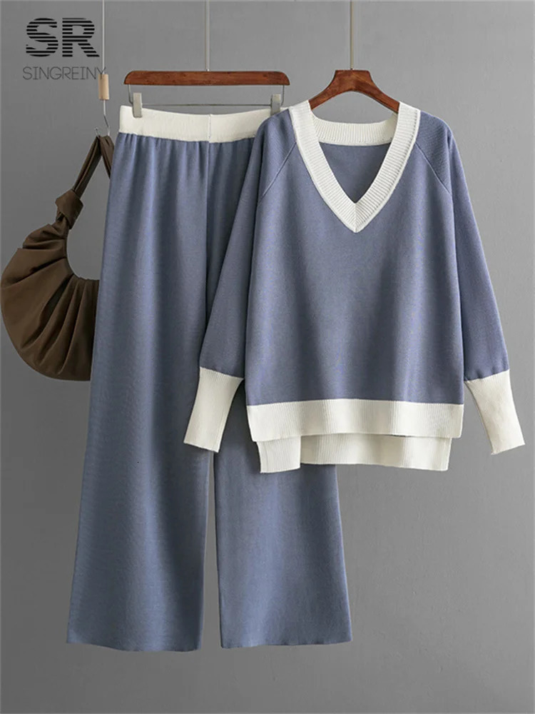 SINGREINY Casual Multicolor Loose Sets V Neck SweaterSolid Wide Legs Long Pants Autumn Winter Women Knitwear Thick 2pc Suits 241112