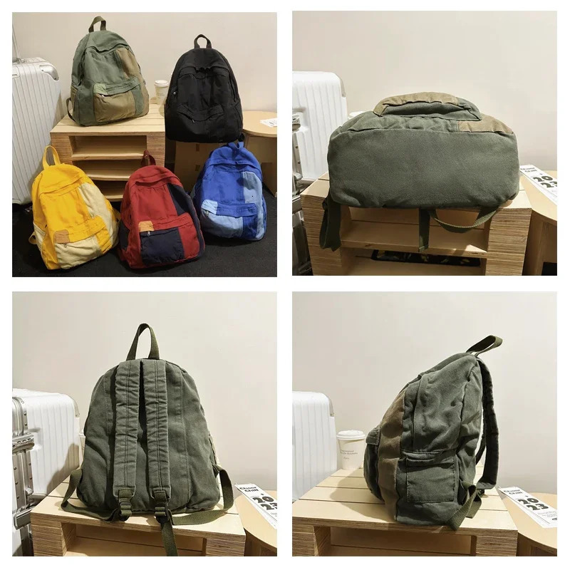 Canvas womens backpack retro shoulder bag college Knapsack patch work bag travel Rucksack student Mochila Y2K backpack 241111