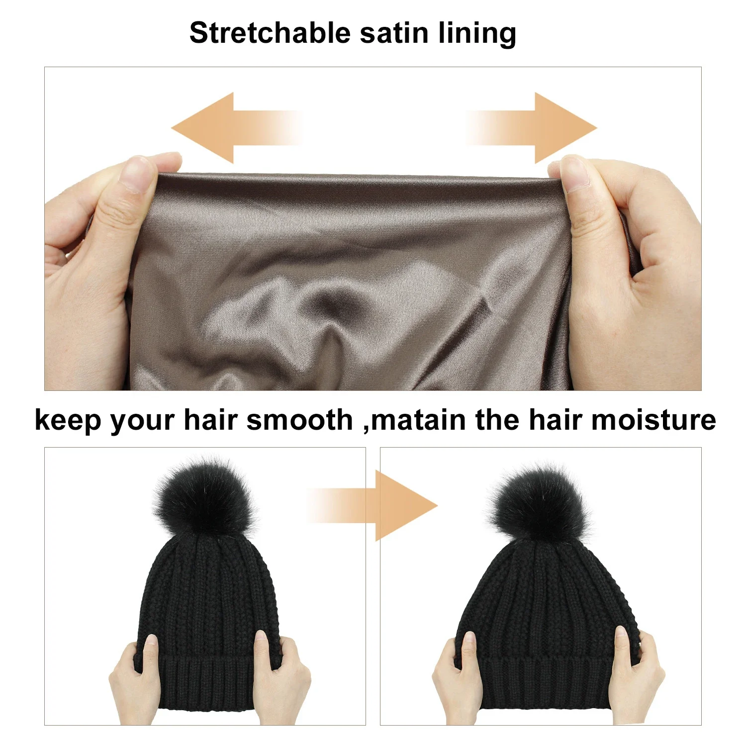 Winter Silk Satin Lined Beanie Hats for Women Thick Chunky Cap Bonnets Striped Warm High Quality Cashmere Knitted Pom Hat