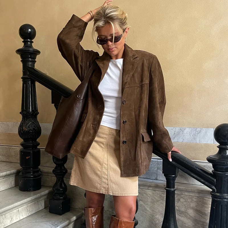 HXAO Suede Jacket Womens Blazers Office Wear Women Long Sleeve Single Breasted Outerwears Old Money Style High Quality 241112