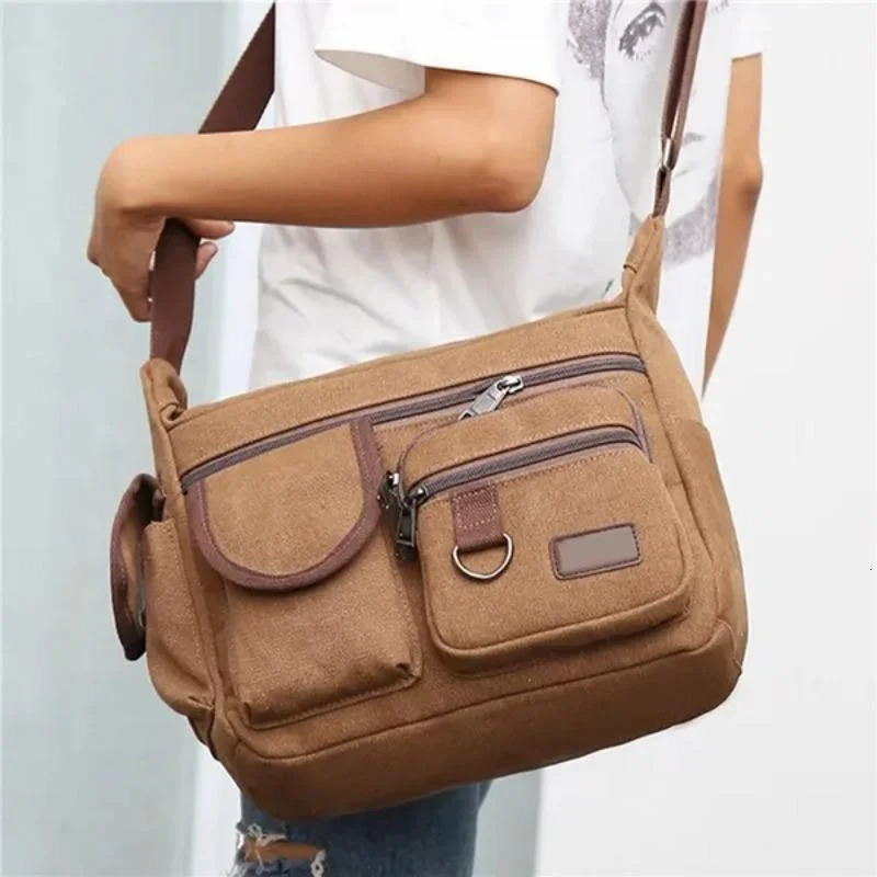 Mens Fashion Canvas Shoulder Bag Large Capacity Multilayer Messenger Student Travel Casual 241111