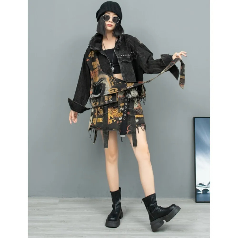 autumn trend printed dress set retro denim long sleeved cardigan jacketshort sleeved two-piece set womens ZF229 241112