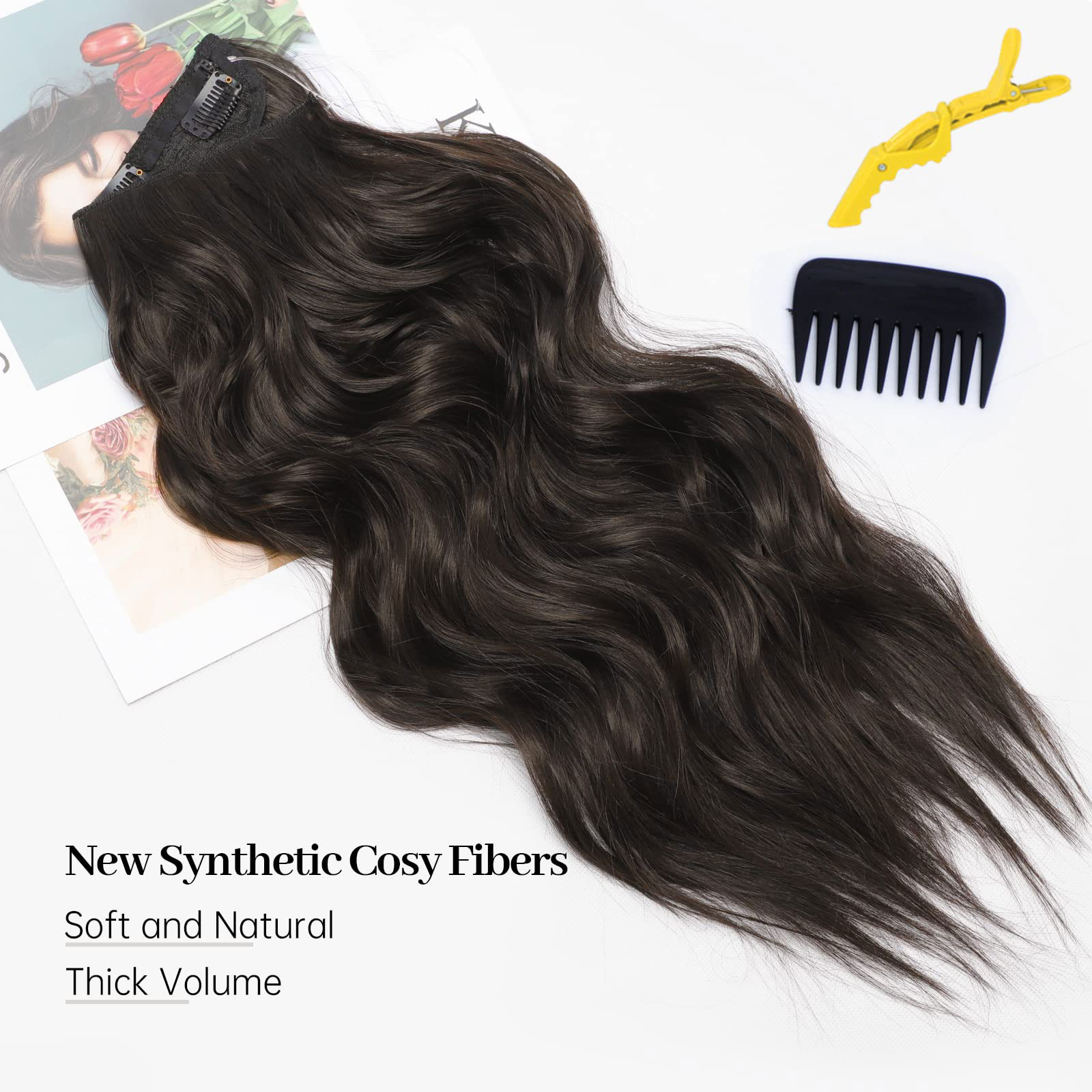 Synthetic Long Wavy Invisible Wire 4 Clip In Hair Extensions 22Inch Blonde Black Heat Resistant Hairpieces For Women Daily Party 59f01