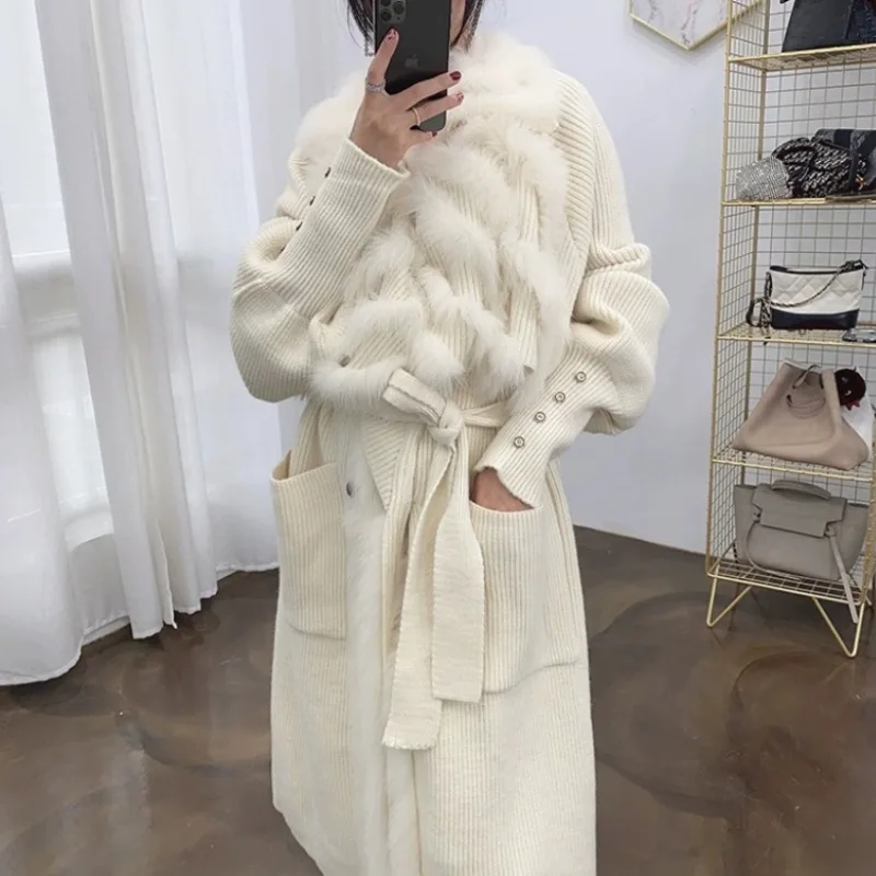 New Sweater Splicing Fox Fur Cardigan European American Coat Lady Autumn Winter Long Knit Trench Coat Temperament Women