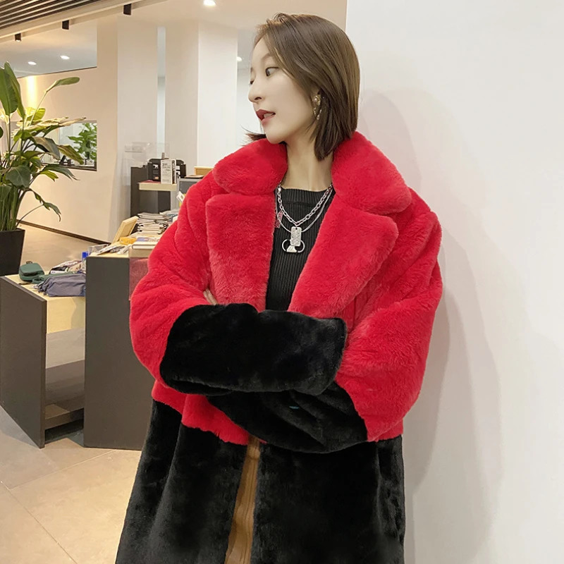 Plush winter coat womens long lapel faux fur leather jacket fluffy faux fur jacket womens fur coat 241112