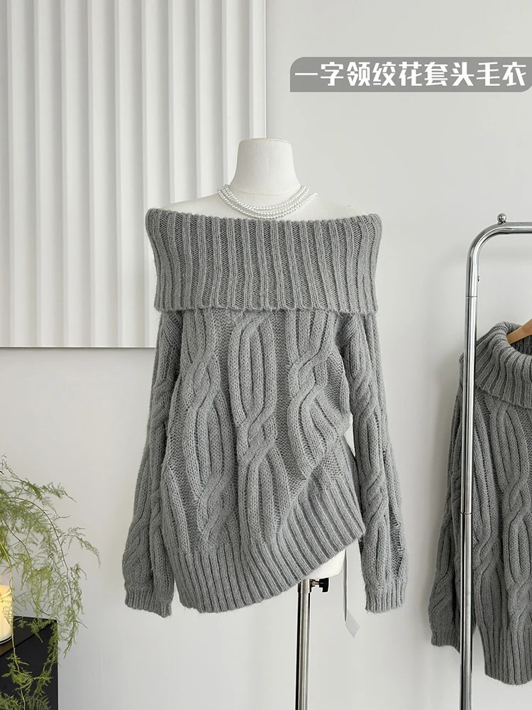 Winter womens Old Money Shoujo girl cute sweater long sleeved diagonal collar knitted top 2000S retro shirt Korean jumper thick 241112