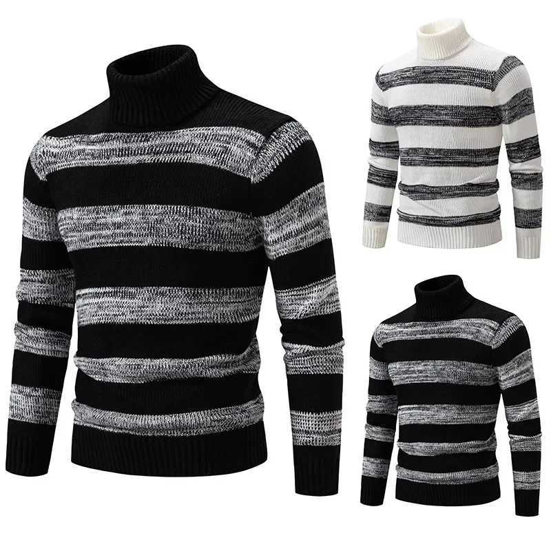 Mens black and white horizontal striped turtle neck fashionable long sleeved sweater W2411111
