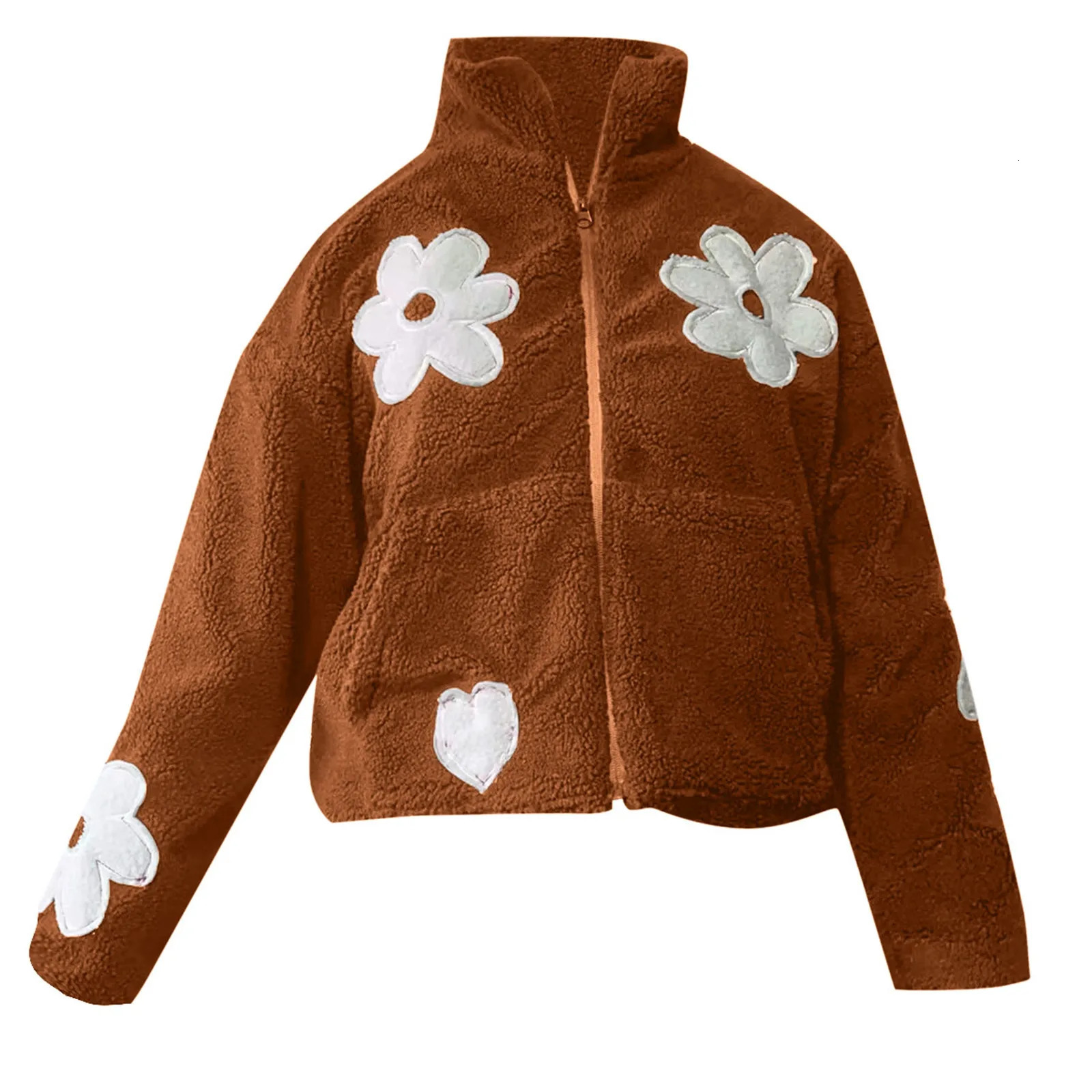 Lambswool Womens Fleece Fluffy Jackets Fashion Color Block Floral Zipper Coat Cardigan Cozy Plush Autumn Winter Outerwear 241112