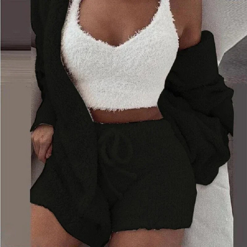 Comfortable Knitted 3-Piece Fluffy Pajama Womens Casual Pajama Tank Top and Shorts Large Hoodie Casual Pajama Winter Pajama 241112
