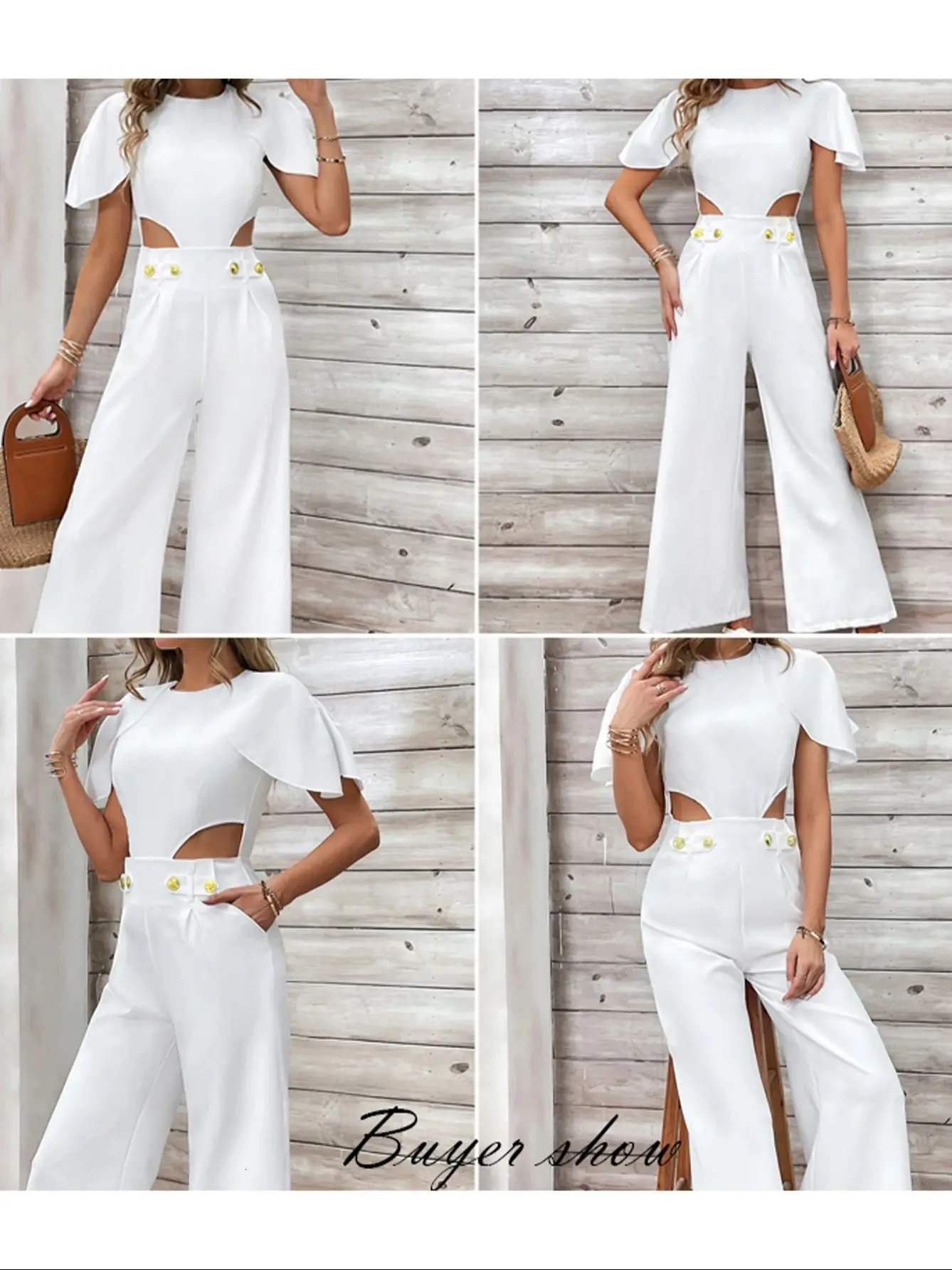 Elegant solid hole button womens jumpsuit O-neck butterfly sleeves loose pants one-piece set summer womens fashionable tight fitting clothes 241112