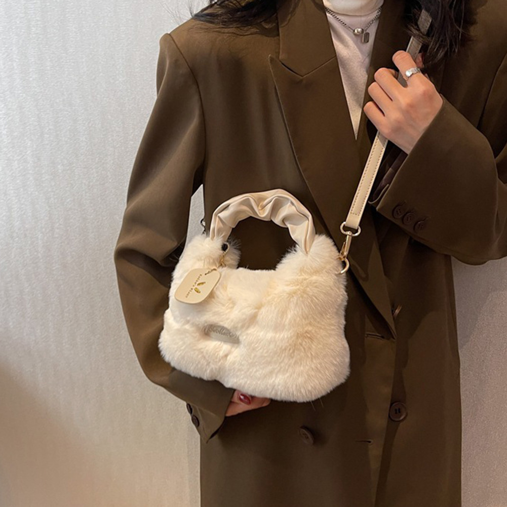 Women Plush Top-Handle Bag Solid Color Furry Satchel Bag Adjustable Shoulder Strap Comfortable Ladies Girls Trendy Bag